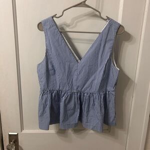 J. Crew Blue and White Striped V-Neck Blouse